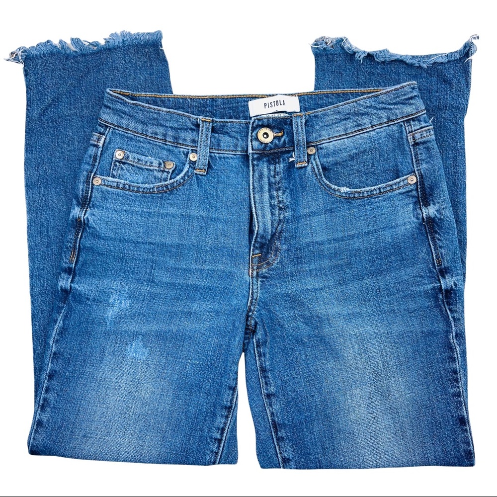 Pistola Distressed High Waist Bitten Raw Hem Bootcut Jeans Size 27 Blue Medium